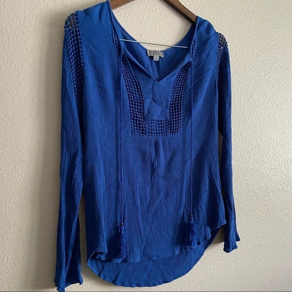 Joseph A Boho Peasant Blouse Tassel Open Knit Sapphire XL Chic Bohemian Folk - Picture 4 of 13